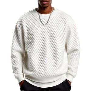 Coofandy Men White Crewneck Geometric Texture Long Sleeve Sweatshirt